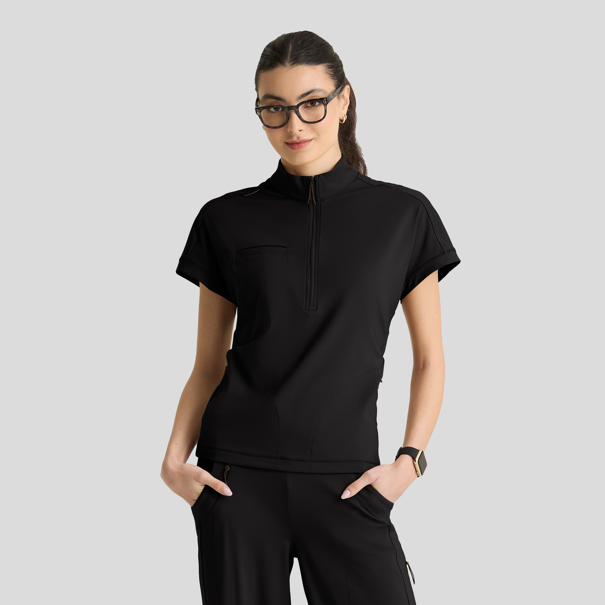 Crystal 3-Pocket Mock Neck Zip-Placket Top | Black