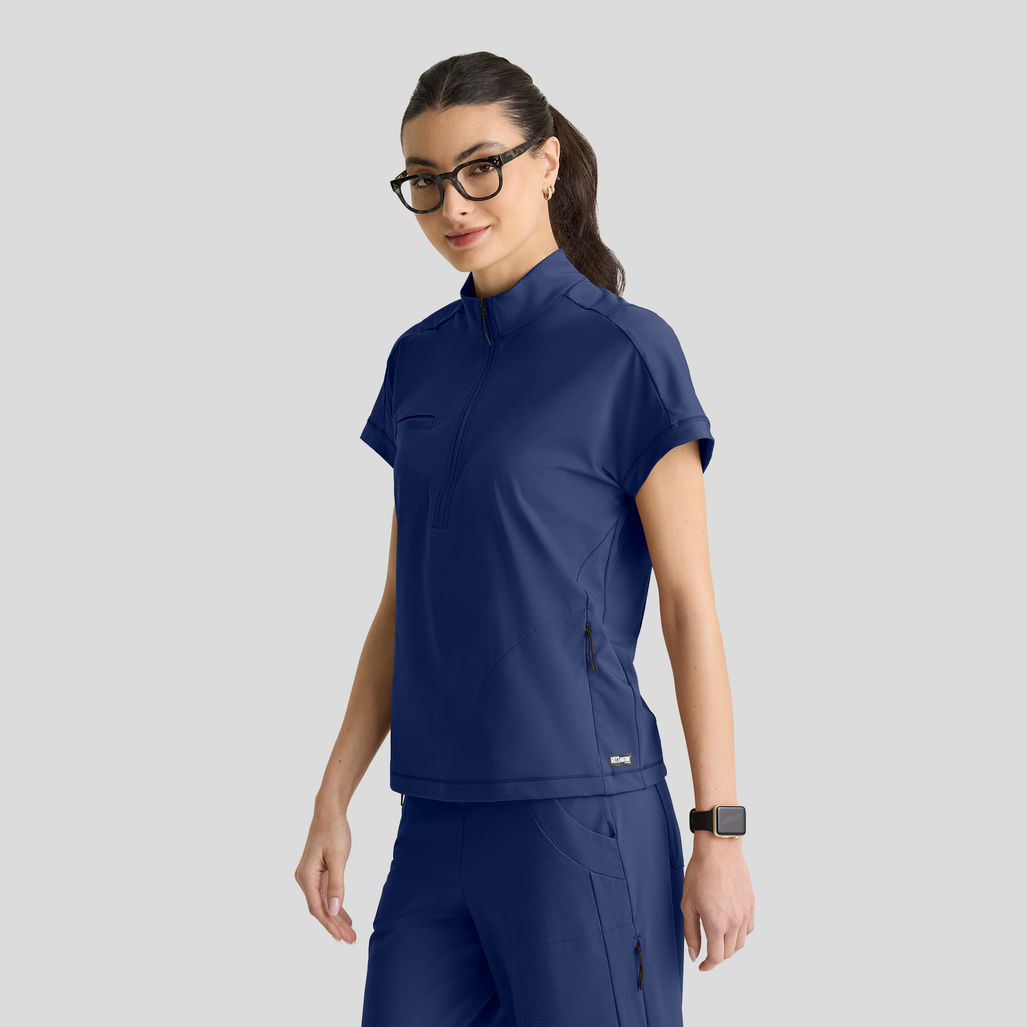 Crystal 3-Pocket Mock Neck Zip-Placket Top | Navy