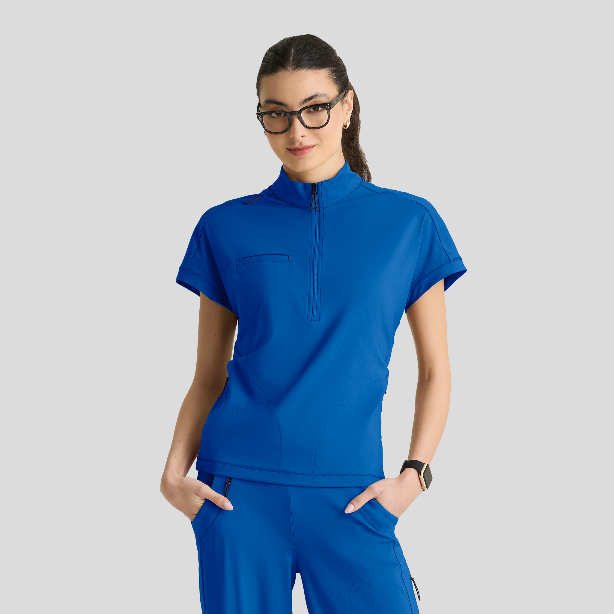 Crystal 3-Pocket Mock Neck Zip-Placket Top | Royal