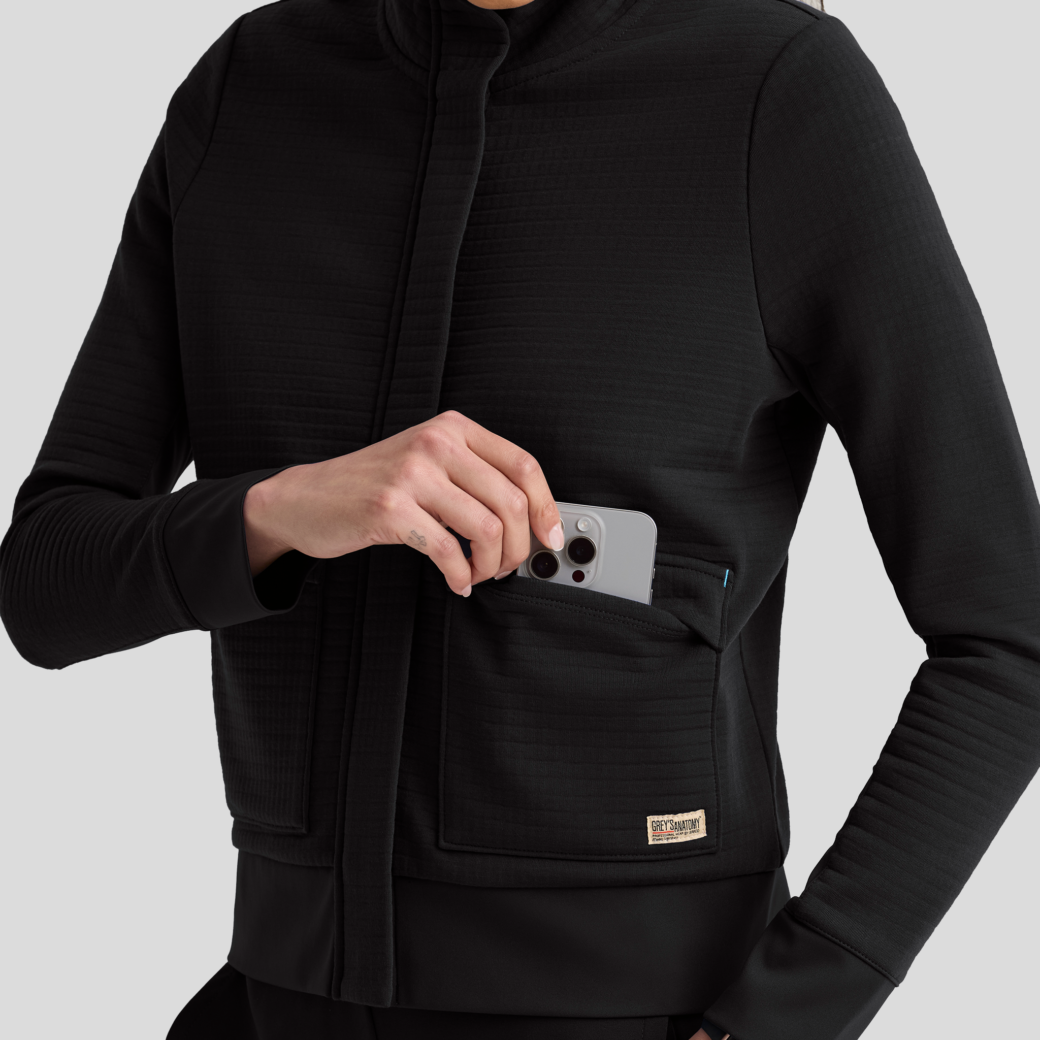 Regina 3 Pocket Mock V-Neck Zip Front Jacket | Black