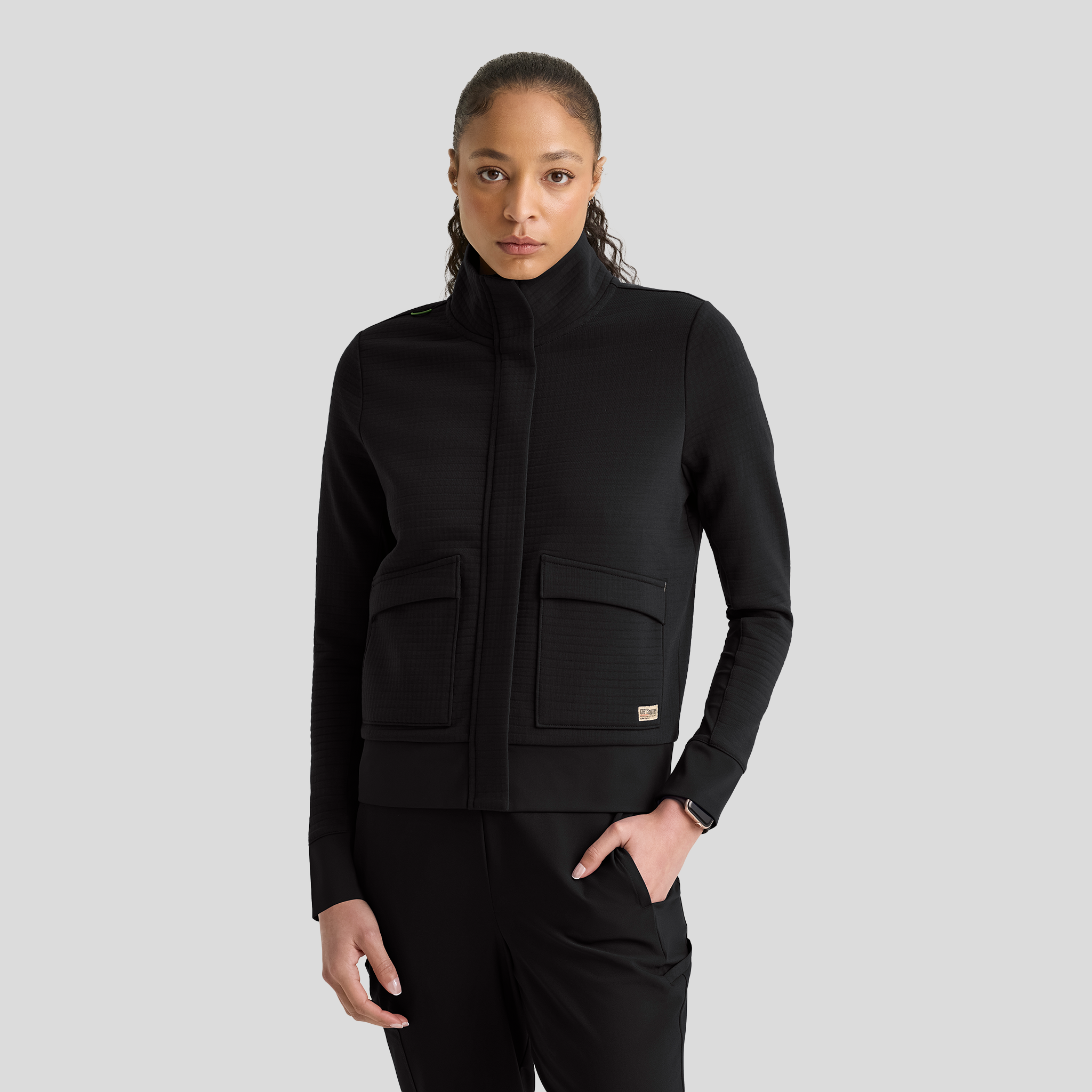 Regina 3 Pocket Mock V-Neck Zip Front Jacket | Black