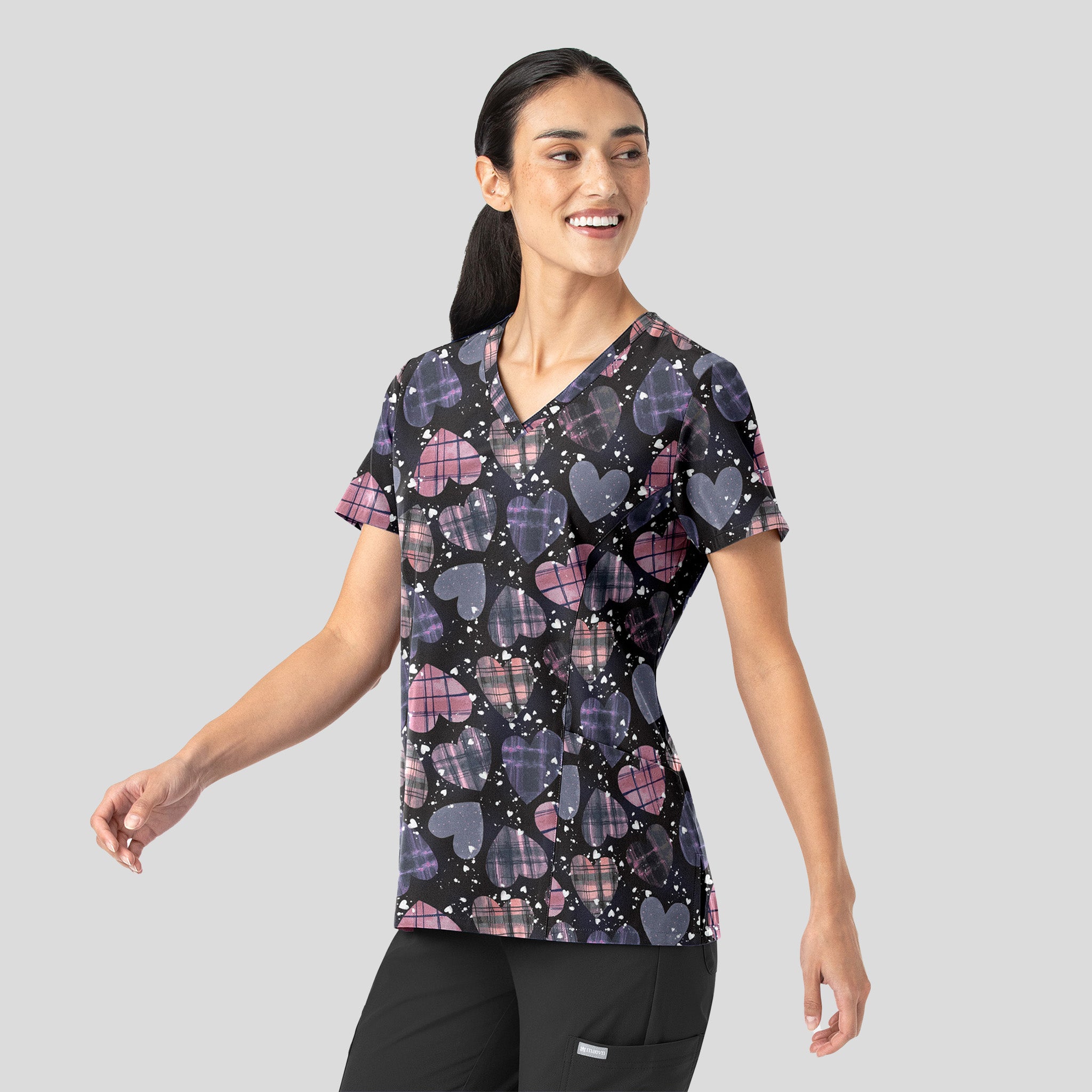Curved V-Neck Print Top | Plaid Romance